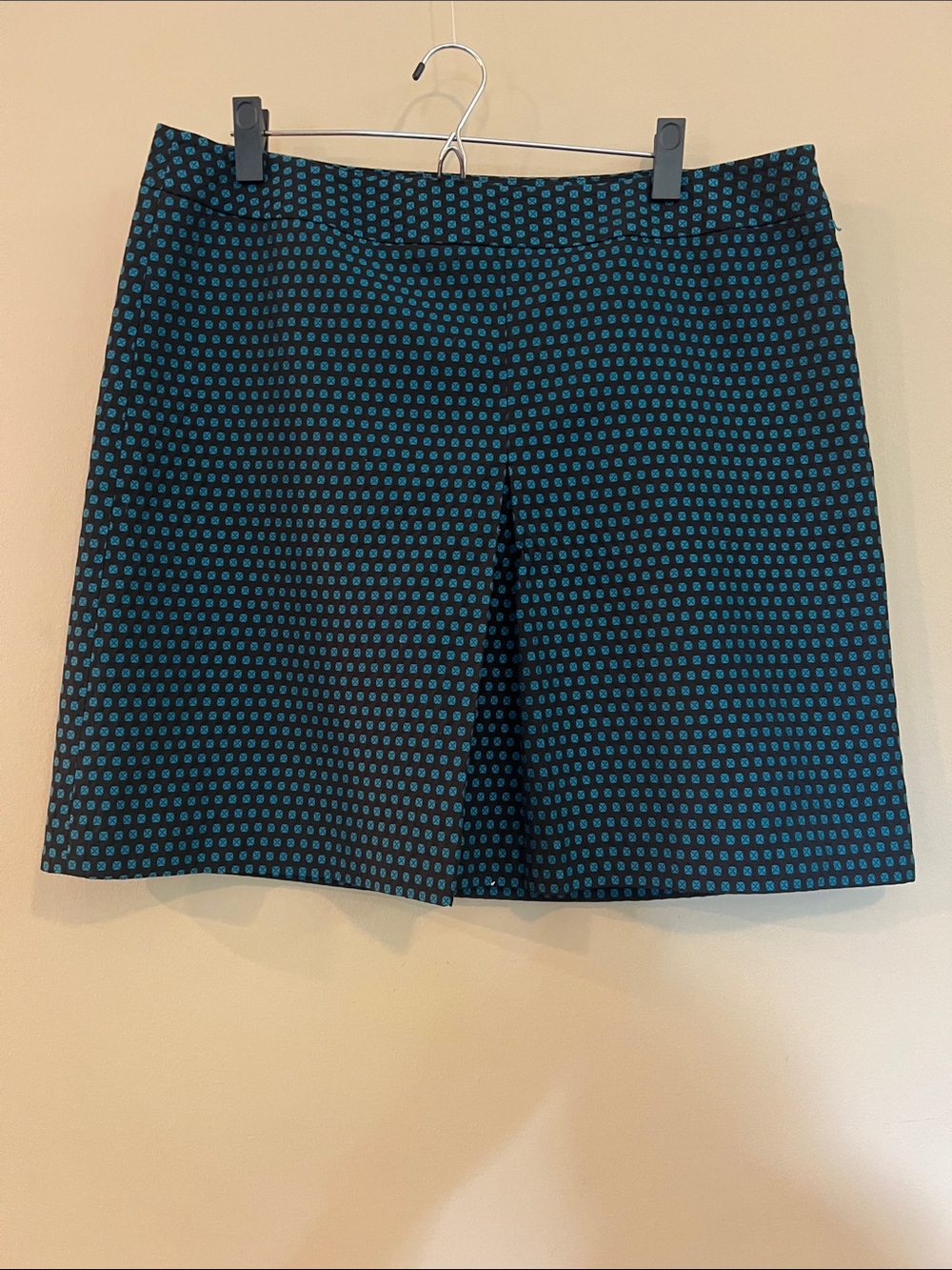 LOFT Black Skirt with Teal Dot Pattern and front pleat